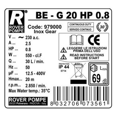 Pompa De Transvazare Rover BE-G 20 HP 0.8, 550 W, 1750 L/H