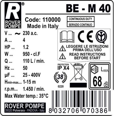 Pompa De Transvazare Rover BE-M 40, 800 W, 6500 L/H, Hmax. 15 M