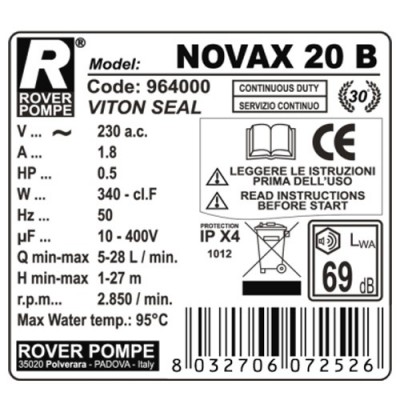 Pompa De Transvazare Rover Novax 20 B, 340 W, 1700 L/H, Temperatura Lichid Max. 95°C