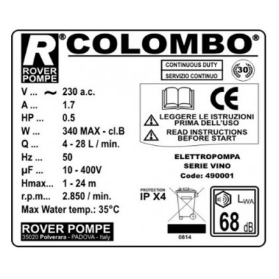 Filtru De Vin Rover Colombo 12, 12 Placi 20x20 Cm, 350-500 L/H, Pompa Bronz